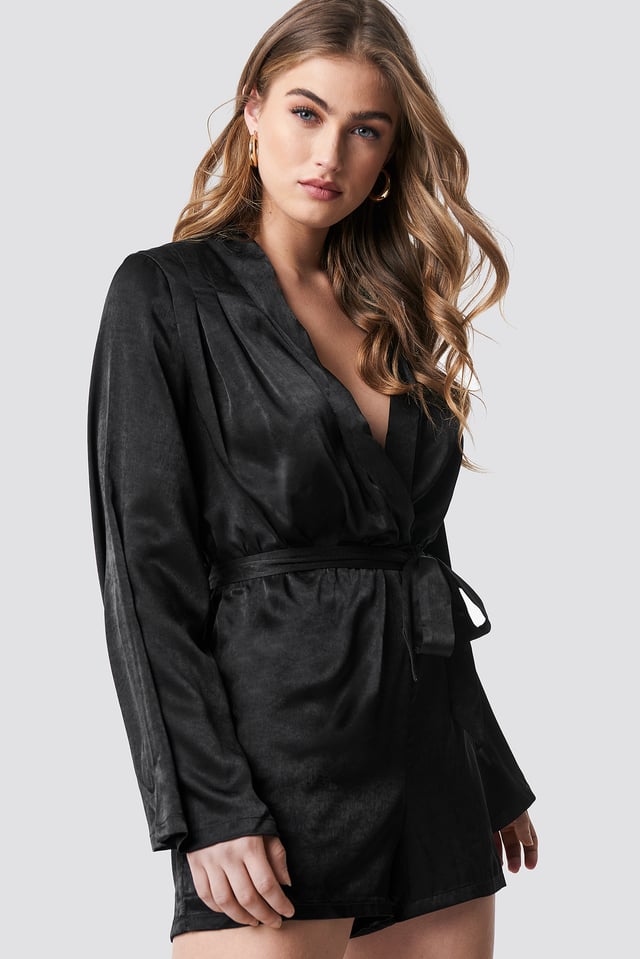 Deep V-neck Satin Playsuit Black