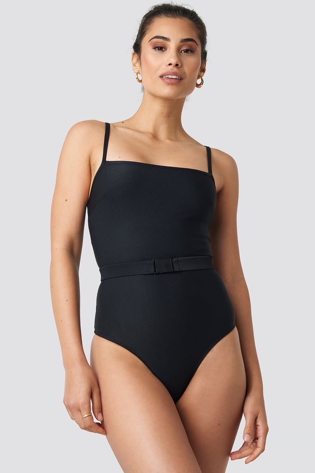 Thin Strap Structured Belted Swimsuit Black