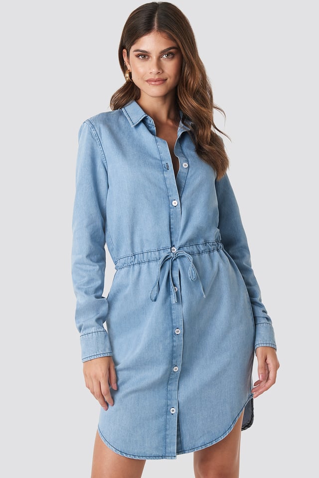 Tied Waist Denim Shirt Dress Light Blue