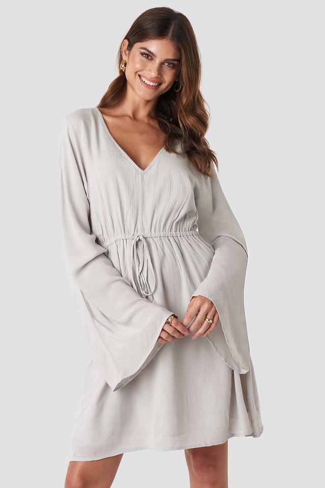 Trumpet Sleeve V-neck Dress Light Grey