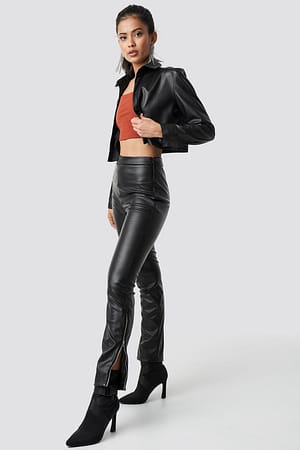 Black Zip Detailed Faux Leather Pants