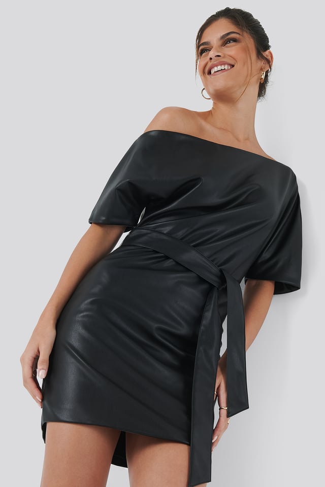 Off Shoulder PU Dress Black