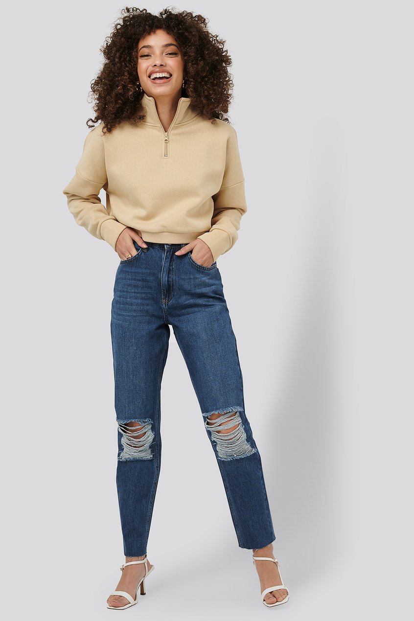 Jeans Influencer Collections | Geripptes Detail Hohe Taille Mom Jeans - KY16112
