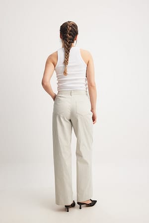 Beige/White Stripe Pantalon rayé en tissu épais à taille mi-haute