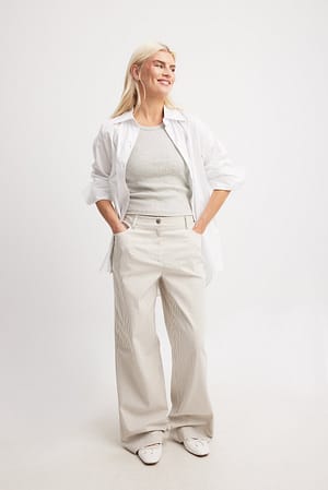 Beige/White Stripe Pantaloni a righe a vita media in tessuto pesante
