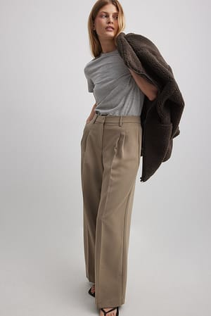 Taupe Heavy Wide Mid Waist Suit Pants