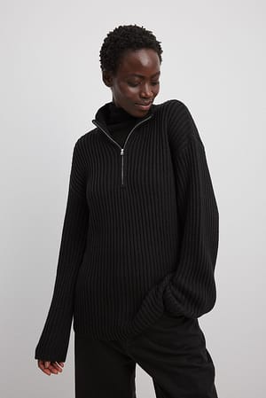 Black High Neck Zipped Knitted Sweater