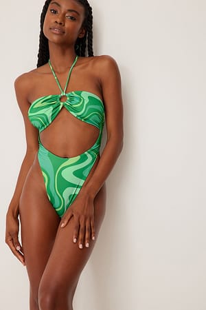 Green Print High Cut Ring Detail Swimsuit