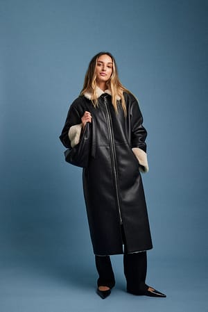 coat, faux fur coat, black bag, black leggings, black turtleneck top,  backpack, louis vuitton bag - Wheretoget
