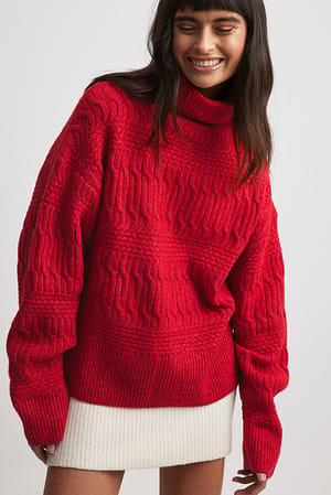 Red High Neck Cable Knitted Sweater