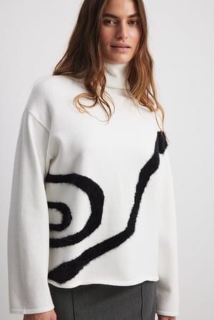 White High Neck Knitted Contrast Detail Sweater