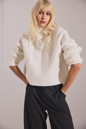 White High Neck Rib Knitted Detail Sweater