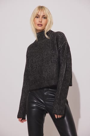 Black High Neck Rib Knitted Detail Sweater