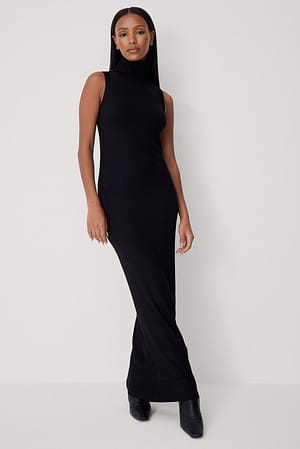Black Prążkowana sukienka maxi zakrywająca szyję