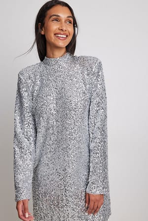 Silver NA-KD Party High Neck Sequin Mini Dress