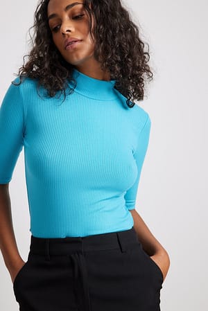 Blue High Neck Short Sleeve Ribbed Top