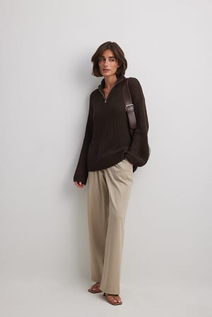 Brown High Neck Zipped Knitted Sweater