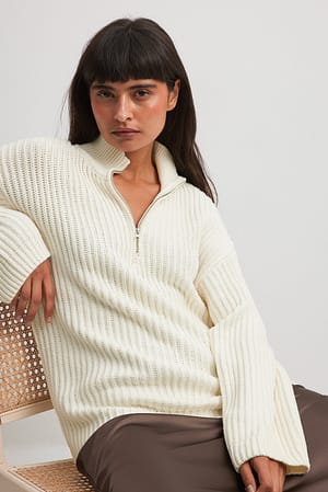 Offwhite High Neck Zipped Knitted Sweater