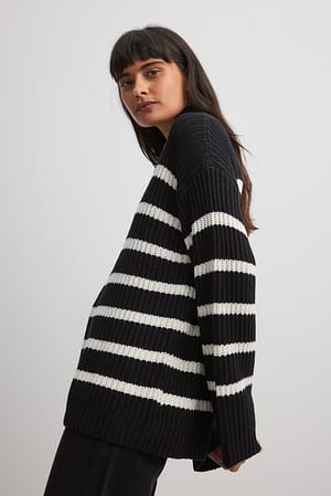 Black/White Stripe High Neck Zipped Knitted Sweater