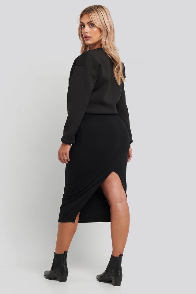 High Waist Sharp Cut Midi Skirt Black