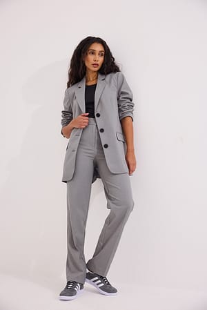 Grey Pantalón de traje recto de cintura alta en melange