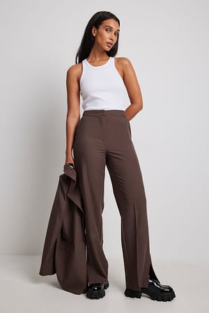 Brown Tailored Side Slit Suit Pants
