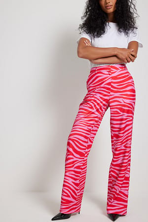 Red/Pink Zebra Pantaloni eleganti dritti a vita alta