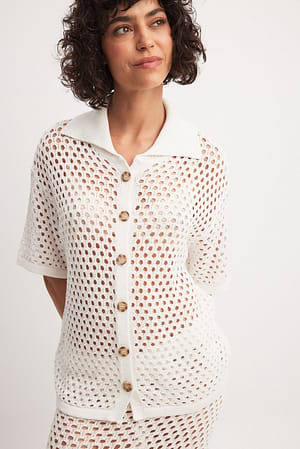 White Hole Knitted Buttoned Short Sleeve Sweater