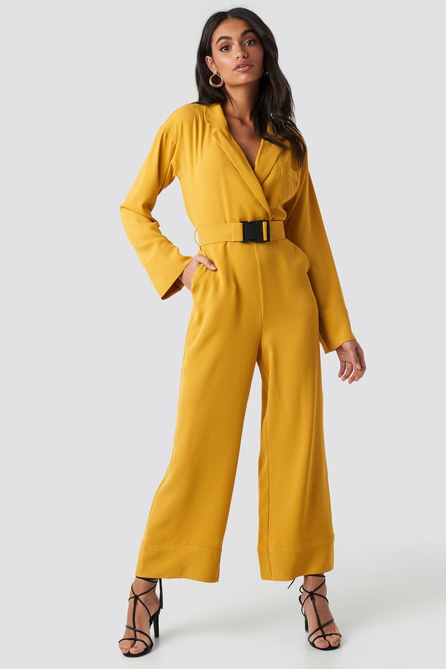 Belted Wrap Front Jumpsuit Yellow