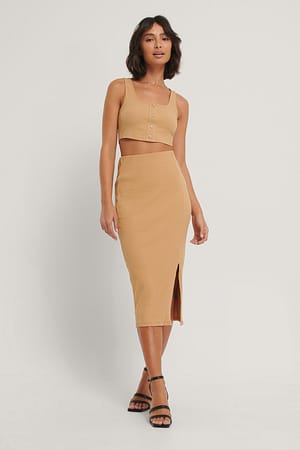 Sand Ribbed Jersey Slit Skirt