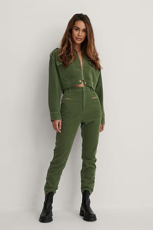 Army Green Zip Details Slim Pants