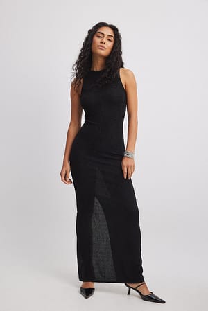 Black Jacquard Glitter Sleeveless Maxi Dress
