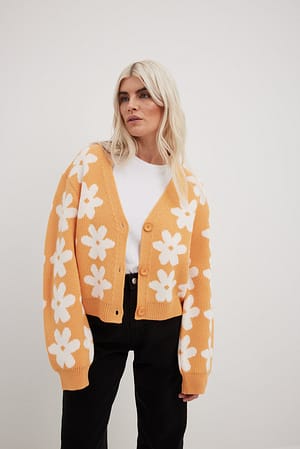 Apricot Jacquard Knitted Flower Cardigan