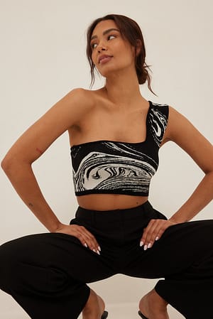 White/Black Jacquard Knitted One Shoulder Top