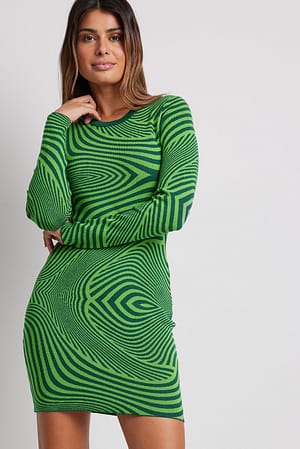 Green Mix Jaqcuard Knitted Mini Dress