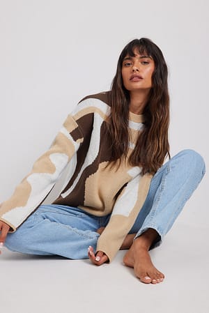 Brown/Beige Strikket sweater i jacquard