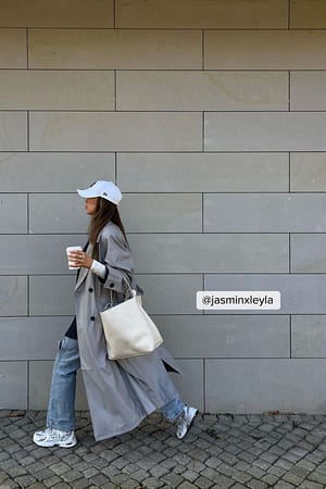 Grey Padded Shoulder Pu Trench
