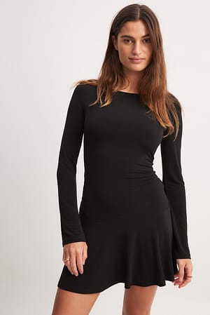 Black Jersey mini-jurk met boothals en lange mouwen