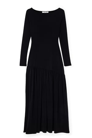 Jersey Long Sleeve Flounce Detail Maxi Dress Black | NA-KD