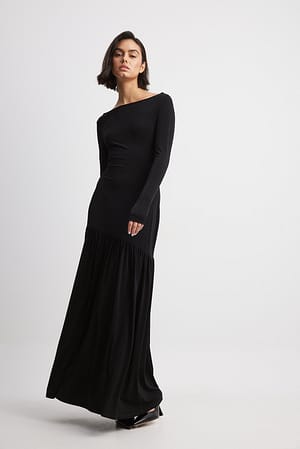 Black Jersey Long Sleeve Flounce Detail Maxi Dress