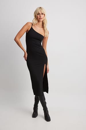 Black Jersey One Shoulder Midi Dress