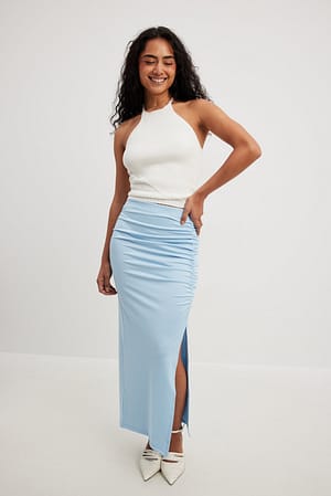 Blue Jersey Slit Midi Skirt