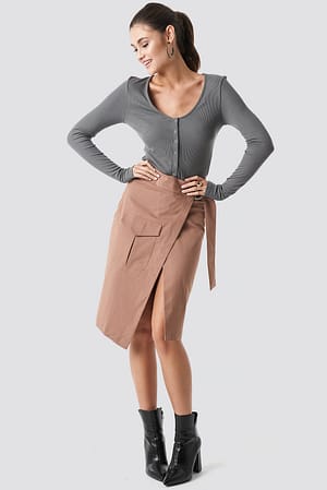 Brown Overlapped Belted Midi Skirt