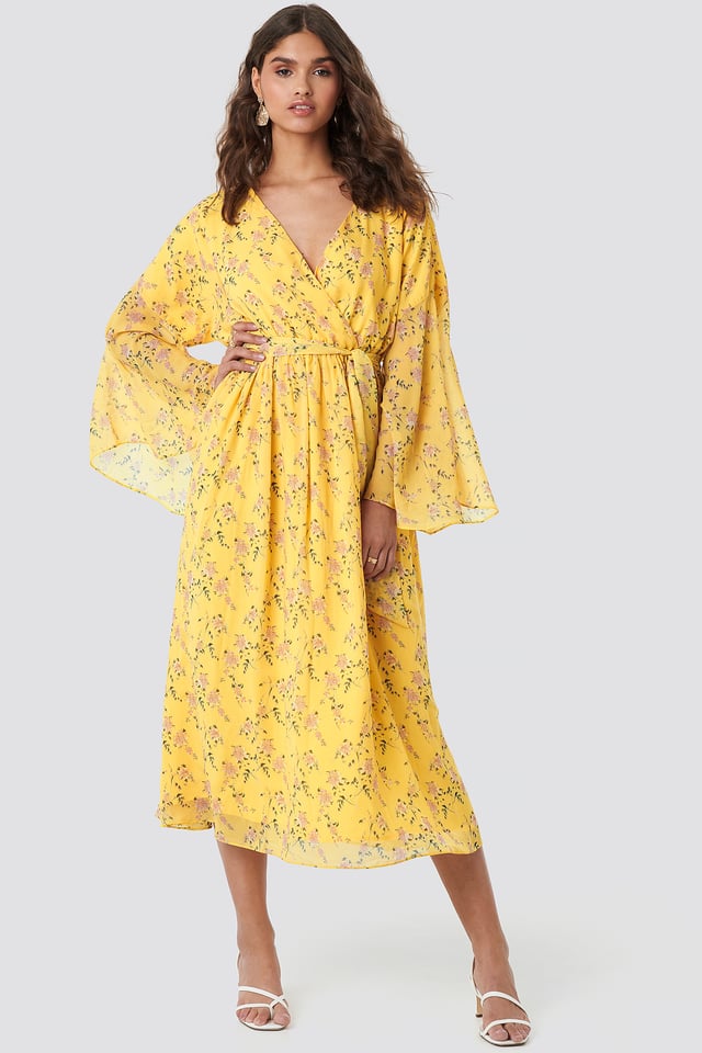 Big Sleeve Belted Maxi Dress Yellow Flower