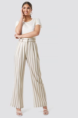 Beige Tailored Striped Trousers