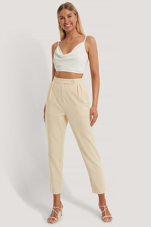 Beige Pleated One Button Pants