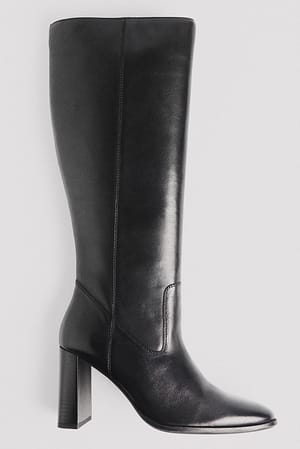 Black Knee High Leather Rounded Toe Boots