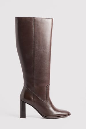 Dark Brown Knee High Leather Rounded Toe Boots