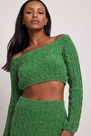 Green Knit Detail Off Shoulder Crop Sweater