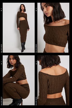Brown Knit Detail Off Shoulder Crop Sweater